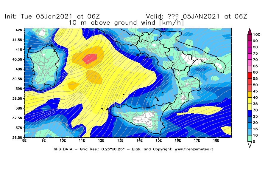 Mappa di analisi GFS - Velocità del vento a 10 metri dal suolo [km/h] in Sud-Italia
									del 05/01/2021 06 <!--googleoff: index-->UTC<!--googleon: index-->