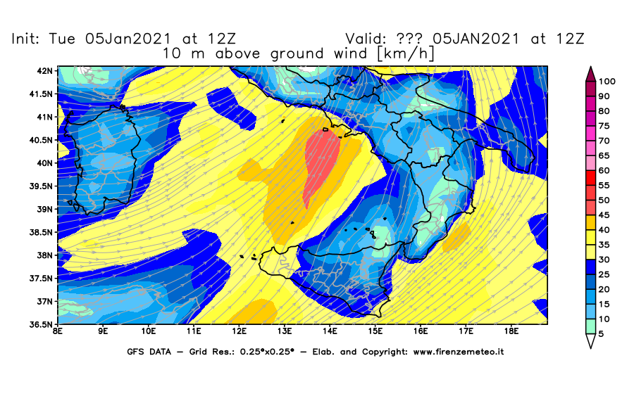 Mappa di analisi GFS - Velocità del vento a 10 metri dal suolo [km/h] in Sud-Italia
									del 05/01/2021 12 <!--googleoff: index-->UTC<!--googleon: index-->