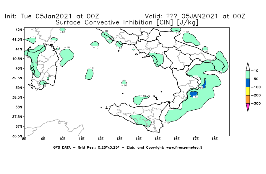 Mappa di analisi GFS - CIN [J/kg] in Sud-Italia
									del 05/01/2021 00 <!--googleoff: index-->UTC<!--googleon: index-->