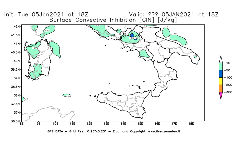 Mappa di analisi GFS - CIN [J/kg] in Sud-Italia
									del 05/01/2021 18 <!--googleoff: index-->UTC<!--googleon: index-->