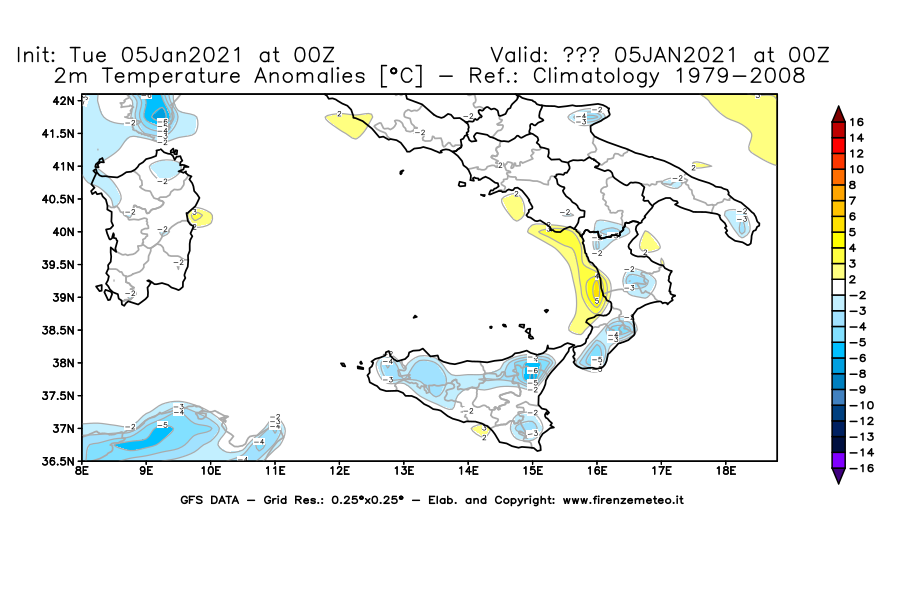 Mappa di analisi GFS - Anomalia Temperatura [°C] a 2 m in Sud-Italia
									del 05/01/2021 00 <!--googleoff: index-->UTC<!--googleon: index-->
