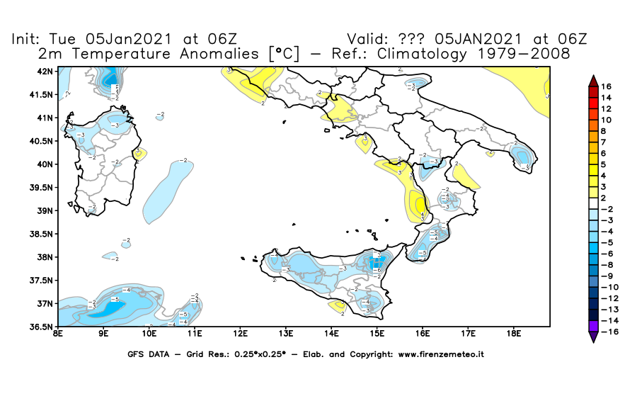 Mappa di analisi GFS - Anomalia Temperatura [°C] a 2 m in Sud-Italia
									del 05/01/2021 06 <!--googleoff: index-->UTC<!--googleon: index-->