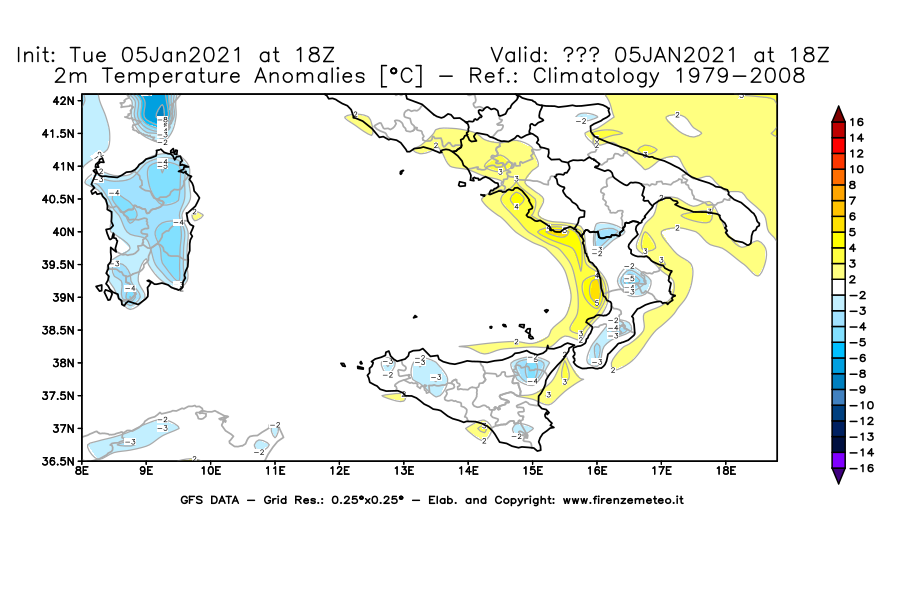 Mappa di analisi GFS - Anomalia Temperatura [°C] a 2 m in Sud-Italia
									del 05/01/2021 18 <!--googleoff: index-->UTC<!--googleon: index-->
