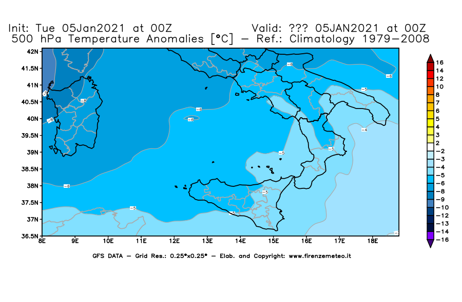 Mappa di analisi GFS - Anomalia Temperatura [°C] a 500 hPa in Sud-Italia
									del 05/01/2021 00 <!--googleoff: index-->UTC<!--googleon: index-->
