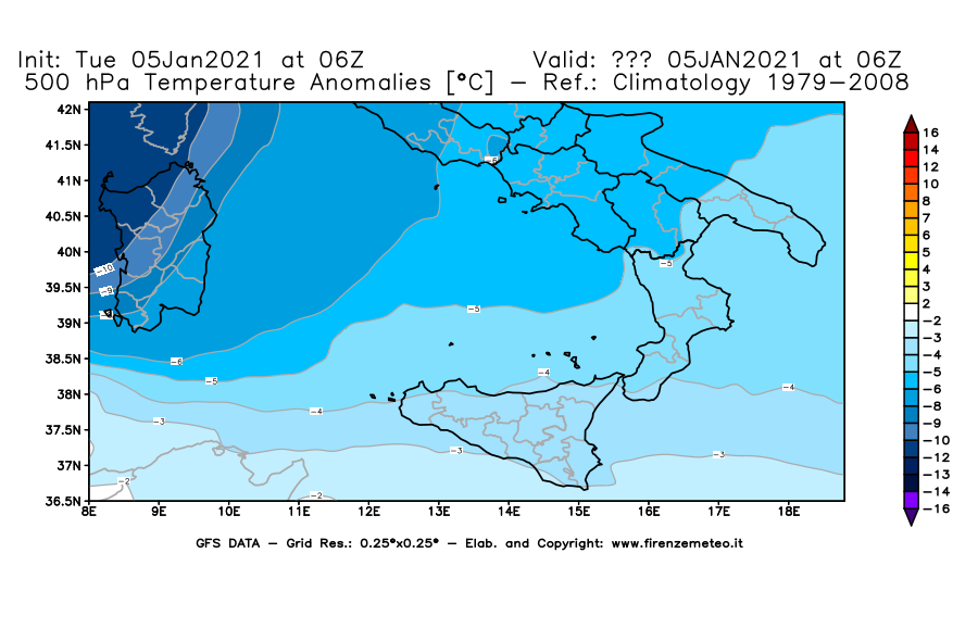 Mappa di analisi GFS - Anomalia Temperatura [°C] a 500 hPa in Sud-Italia
									del 05/01/2021 06 <!--googleoff: index-->UTC<!--googleon: index-->