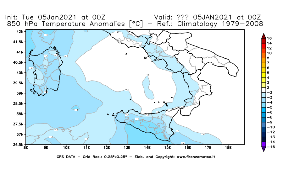 Mappa di analisi GFS - Anomalia Temperatura [°C] a 850 hPa in Sud-Italia
									del 05/01/2021 00 <!--googleoff: index-->UTC<!--googleon: index-->