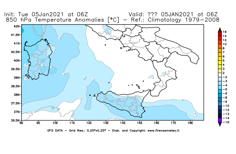 Mappa di analisi GFS - Anomalia Temperatura [°C] a 850 hPa in Sud-Italia
									del 05/01/2021 06 <!--googleoff: index-->UTC<!--googleon: index-->