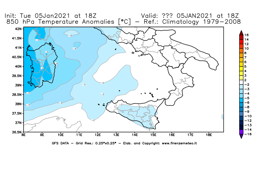 Mappa di analisi GFS - Anomalia Temperatura [°C] a 850 hPa in Sud-Italia
									del 05/01/2021 18 <!--googleoff: index-->UTC<!--googleon: index-->