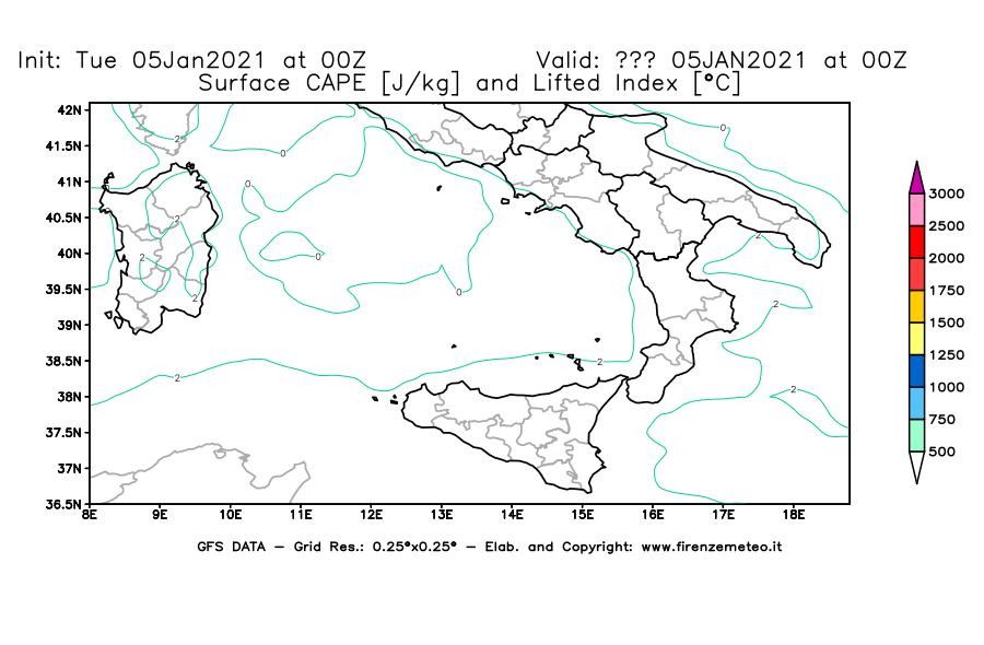 Mappa di analisi GFS - CAPE [J/kg] e Lifted Index [°C] in Sud-Italia
									del 05/01/2021 00 <!--googleoff: index-->UTC<!--googleon: index-->