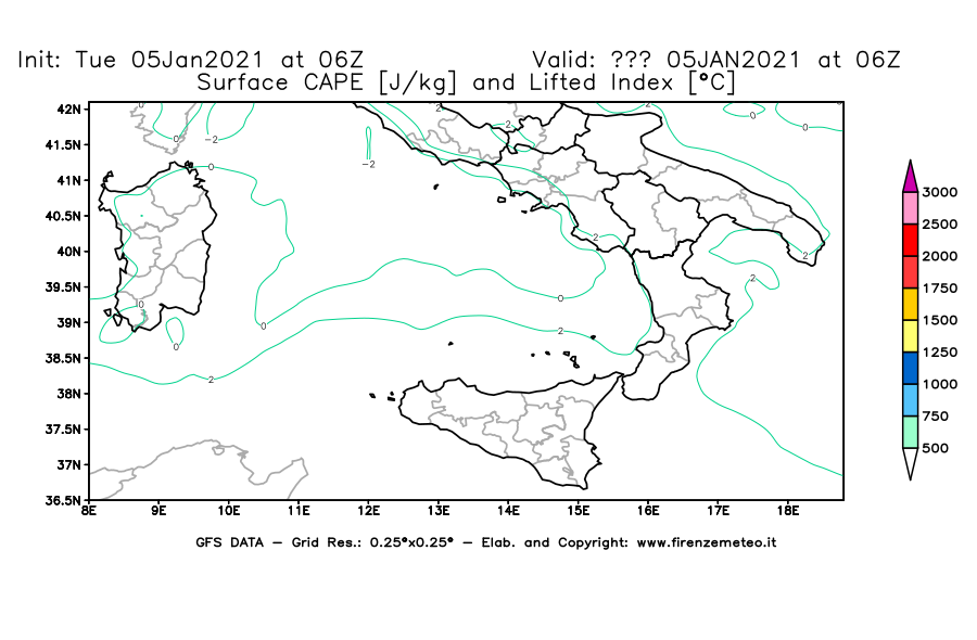 Mappa di analisi GFS - CAPE [J/kg] e Lifted Index [°C] in Sud-Italia
									del 05/01/2021 06 <!--googleoff: index-->UTC<!--googleon: index-->