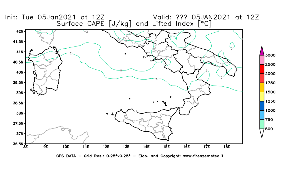 Mappa di analisi GFS - CAPE [J/kg] e Lifted Index [°C] in Sud-Italia
									del 05/01/2021 12 <!--googleoff: index-->UTC<!--googleon: index-->
