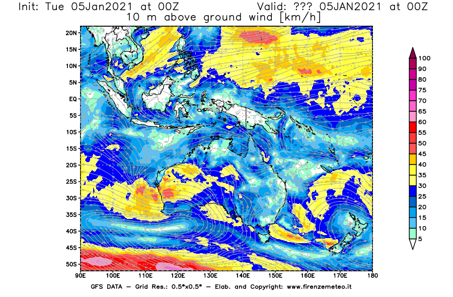 Mappa di analisi GFS - Velocità del vento a 10 metri dal suolo [km/h] in Oceania
									del 05/01/2021 00 <!--googleoff: index-->UTC<!--googleon: index-->