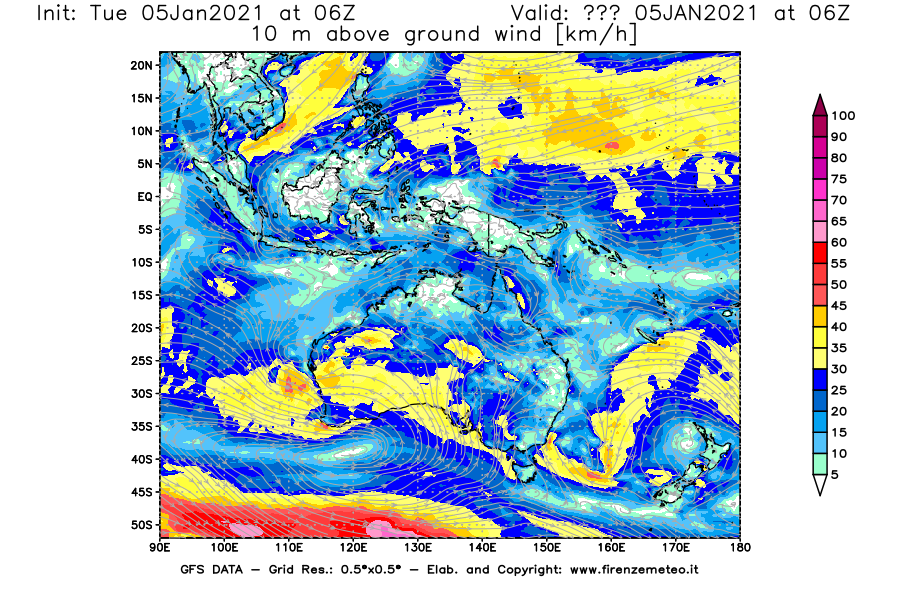 Mappa di analisi GFS - Velocità del vento a 10 metri dal suolo [km/h] in Oceania
									del 05/01/2021 06 <!--googleoff: index-->UTC<!--googleon: index-->