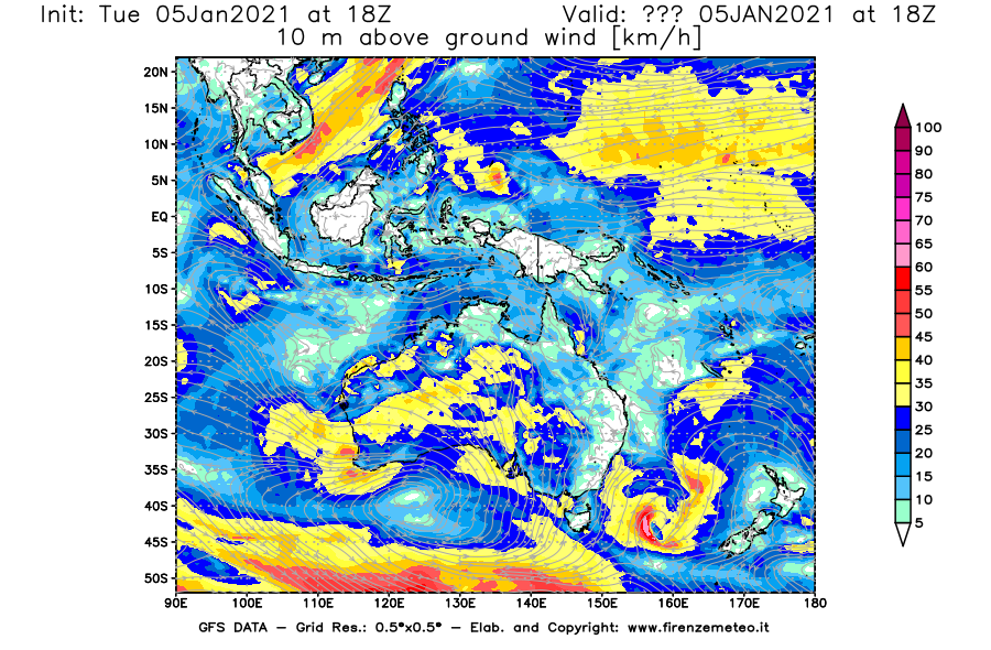 Mappa di analisi GFS - Velocità del vento a 10 metri dal suolo [km/h] in Oceania
									del 05/01/2021 18 <!--googleoff: index-->UTC<!--googleon: index-->