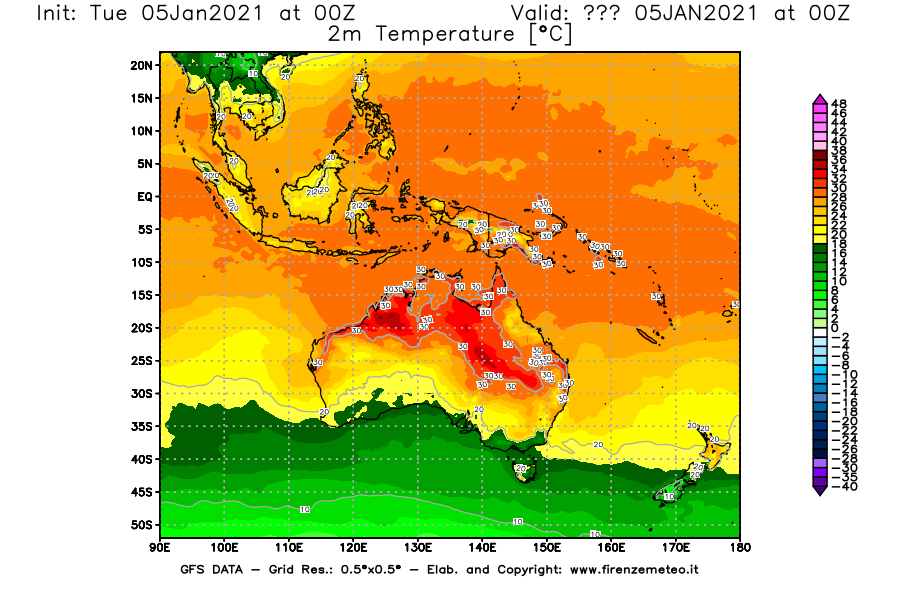 Mappa di analisi GFS - Temperatura a 2 metri dal suolo [°C] in Oceania
									del 05/01/2021 00 <!--googleoff: index-->UTC<!--googleon: index-->