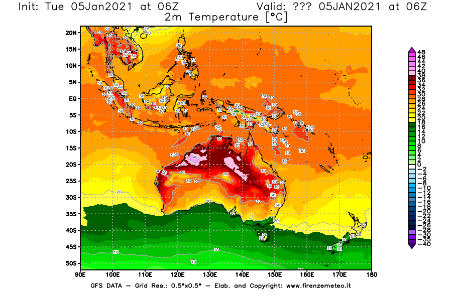 Mappa di analisi GFS - Temperatura a 2 metri dal suolo [°C] in Oceania
									del 05/01/2021 06 <!--googleoff: index-->UTC<!--googleon: index-->