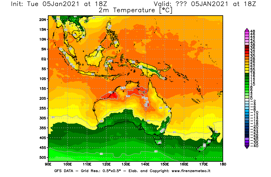 Mappa di analisi GFS - Temperatura a 2 metri dal suolo [°C] in Oceania
									del 05/01/2021 18 <!--googleoff: index-->UTC<!--googleon: index-->