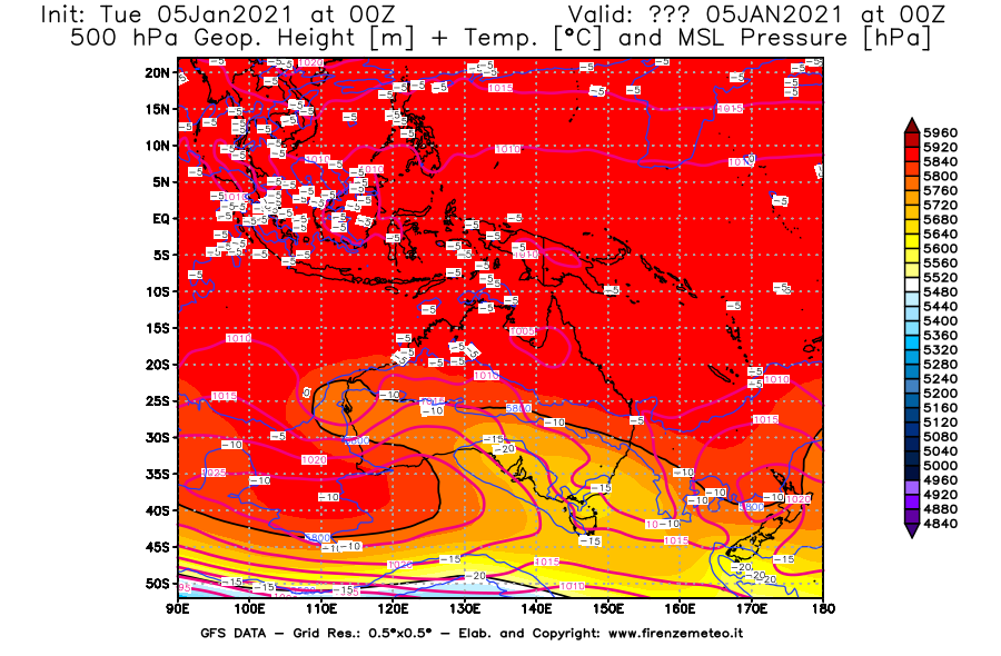 Mappa di analisi GFS - Geopotenziale [m] + Temp. [°C] a 500 hPa + Press. a livello del mare [hPa] in Oceania
									del 05/01/2021 00 <!--googleoff: index-->UTC<!--googleon: index-->