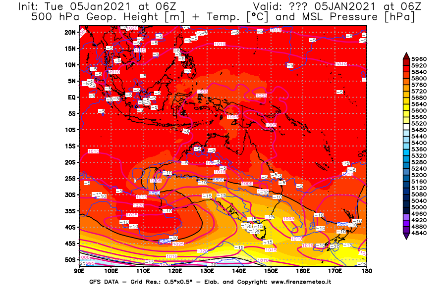 Mappa di analisi GFS - Geopotenziale [m] + Temp. [°C] a 500 hPa + Press. a livello del mare [hPa] in Oceania
									del 05/01/2021 06 <!--googleoff: index-->UTC<!--googleon: index-->