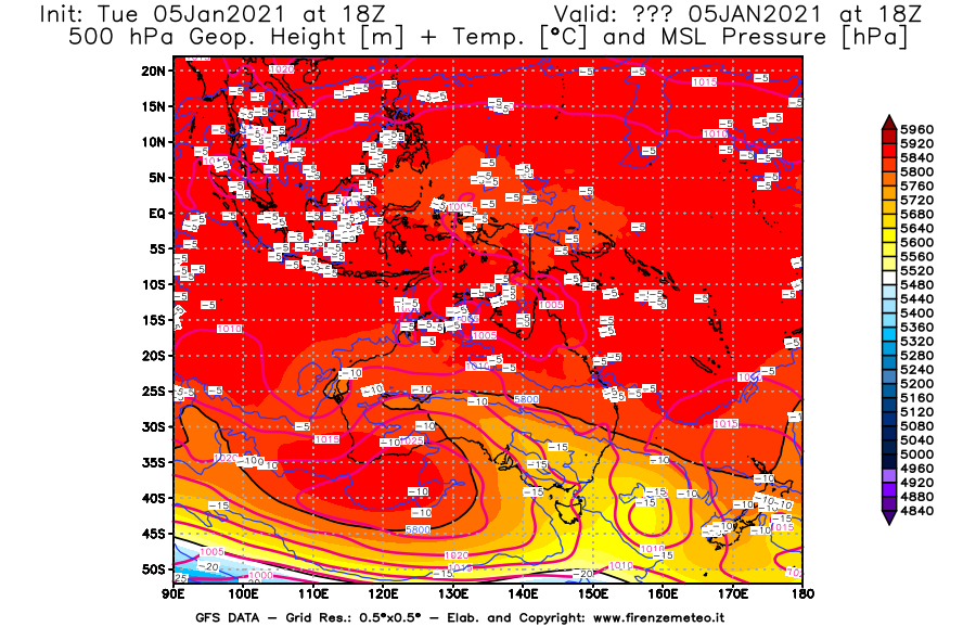 Mappa di analisi GFS - Geopotenziale [m] + Temp. [°C] a 500 hPa + Press. a livello del mare [hPa] in Oceania
									del 05/01/2021 18 <!--googleoff: index-->UTC<!--googleon: index-->