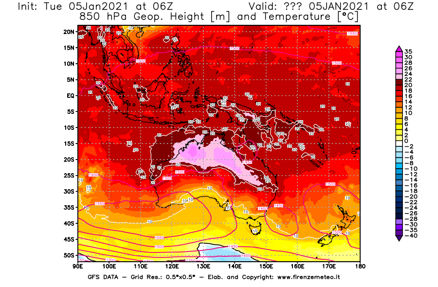 Mappa di analisi GFS - Geopotenziale [m] e Temperatura [°C] a 850 hPa in Oceania
									del 05/01/2021 06 <!--googleoff: index-->UTC<!--googleon: index-->