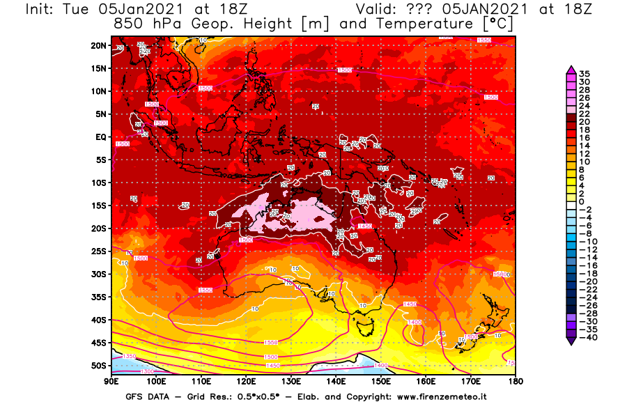 Mappa di analisi GFS - Geopotenziale [m] e Temperatura [°C] a 850 hPa in Oceania
									del 05/01/2021 18 <!--googleoff: index-->UTC<!--googleon: index-->