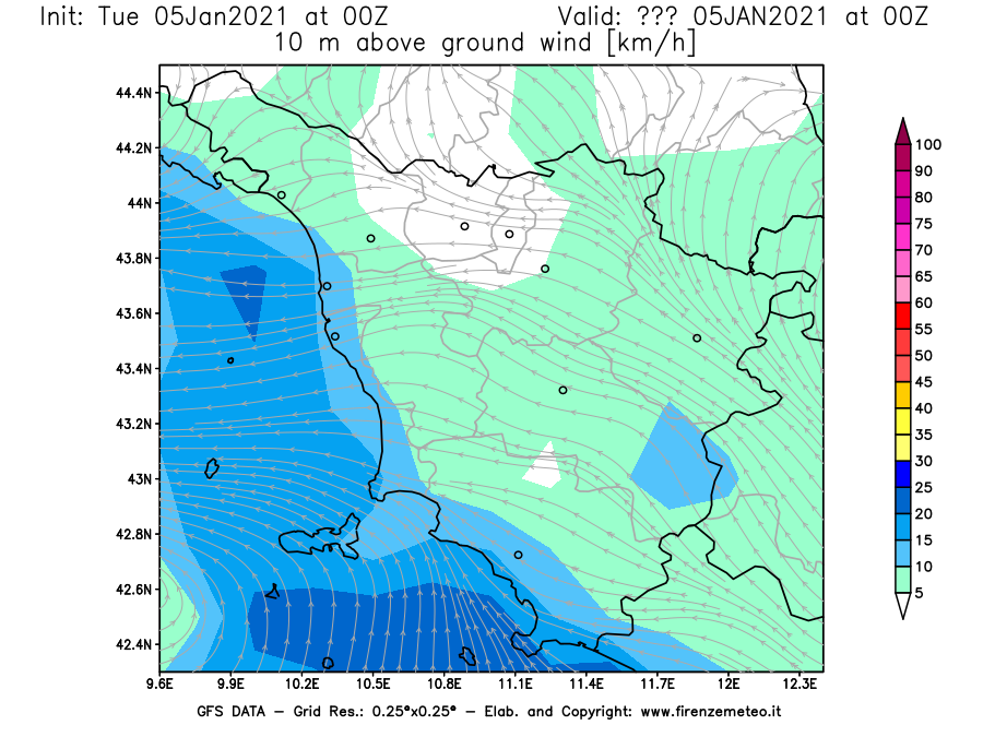Mappa di analisi GFS - Velocità del vento a 10 metri dal suolo [km/h] in Toscana
									del 05/01/2021 00 <!--googleoff: index-->UTC<!--googleon: index-->