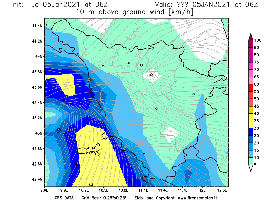 Mappa di analisi GFS - Velocità del vento a 10 metri dal suolo [km/h] in Toscana
									del 05/01/2021 06 <!--googleoff: index-->UTC<!--googleon: index-->