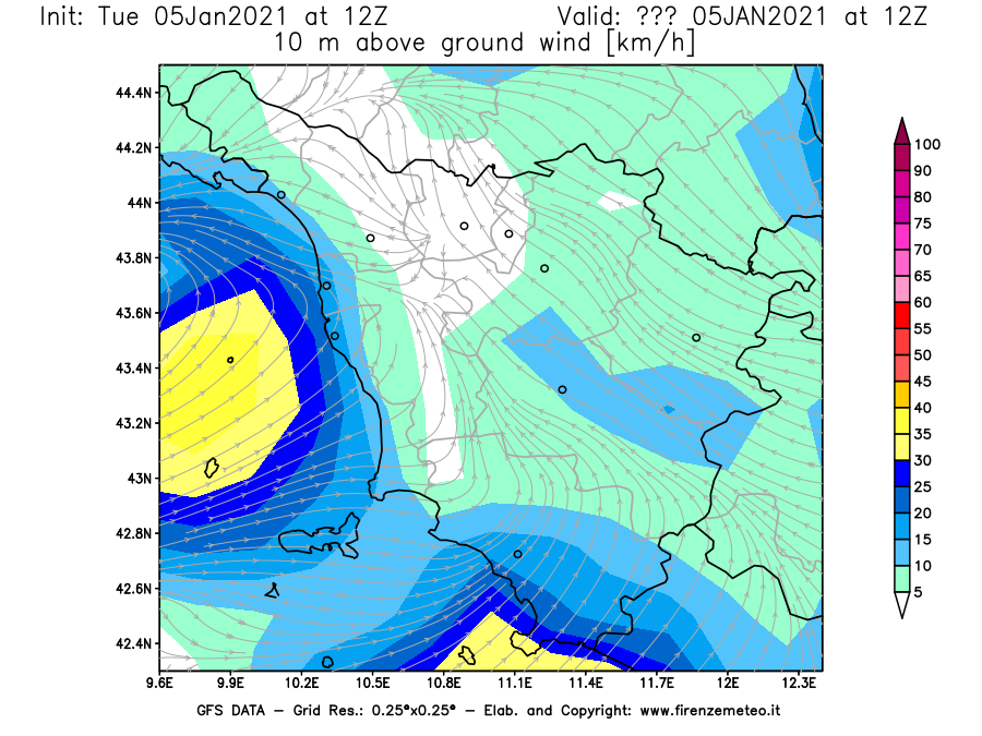 Mappa di analisi GFS - Velocità del vento a 10 metri dal suolo [km/h] in Toscana
									del 05/01/2021 12 <!--googleoff: index-->UTC<!--googleon: index-->