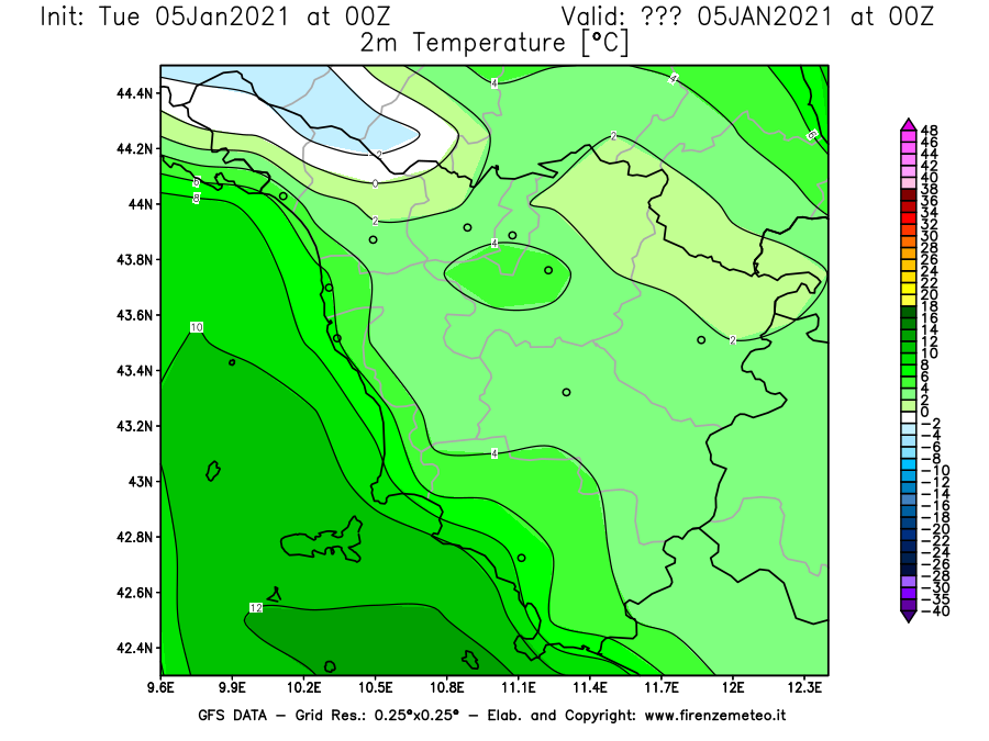 Mappa di analisi GFS - Temperatura a 2 metri dal suolo [°C] in Toscana
									del 05/01/2021 00 <!--googleoff: index-->UTC<!--googleon: index-->