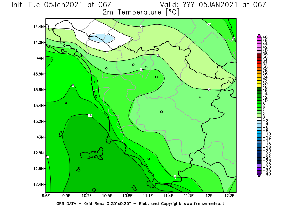 Mappa di analisi GFS - Temperatura a 2 metri dal suolo [°C] in Toscana
									del 05/01/2021 06 <!--googleoff: index-->UTC<!--googleon: index-->