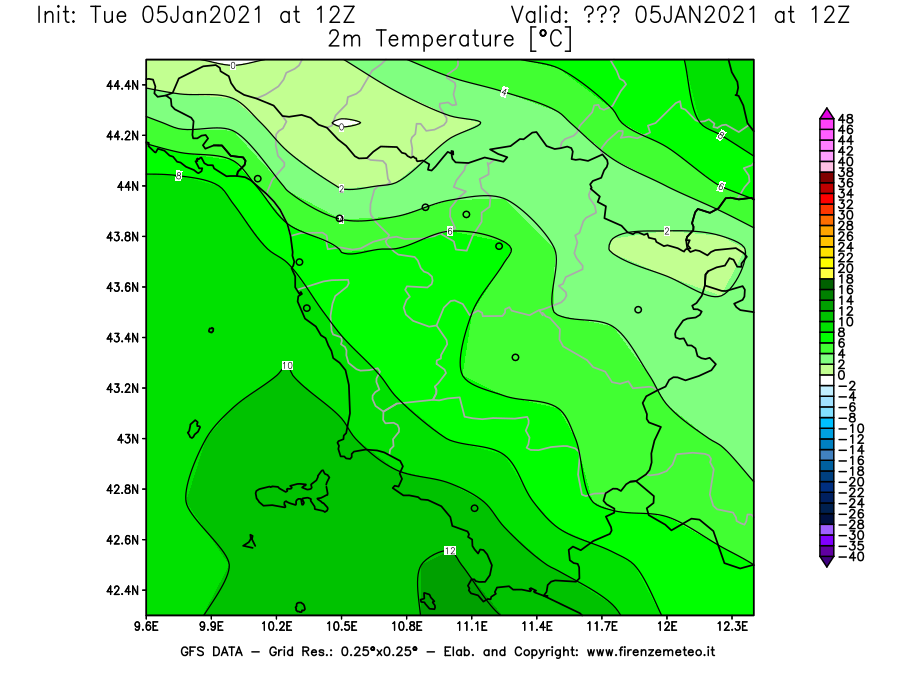 Mappa di analisi GFS - Temperatura a 2 metri dal suolo [°C] in Toscana
									del 05/01/2021 12 <!--googleoff: index-->UTC<!--googleon: index-->