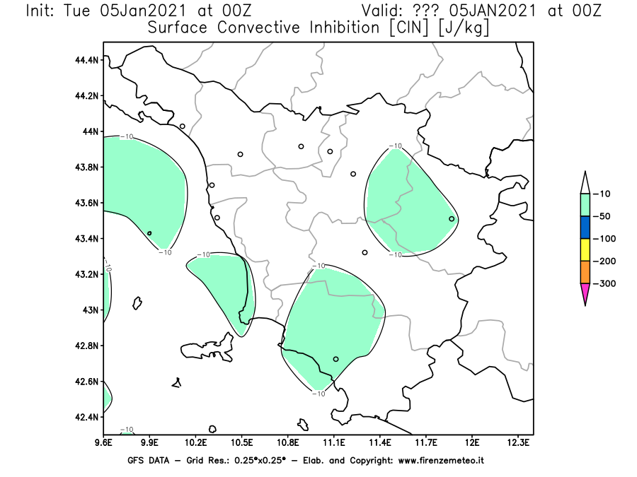 Mappa di analisi GFS - CIN [J/kg] in Toscana
									del 05/01/2021 00 <!--googleoff: index-->UTC<!--googleon: index-->