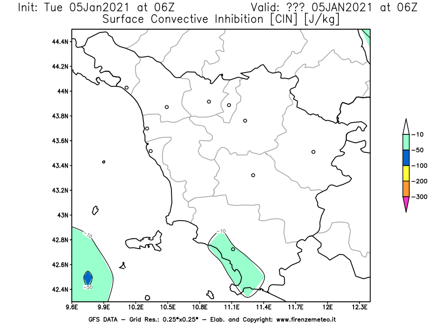 Mappa di analisi GFS - CIN [J/kg] in Toscana
									del 05/01/2021 06 <!--googleoff: index-->UTC<!--googleon: index-->