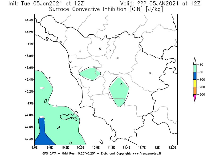 Mappa di analisi GFS - CIN [J/kg] in Toscana
									del 05/01/2021 12 <!--googleoff: index-->UTC<!--googleon: index-->