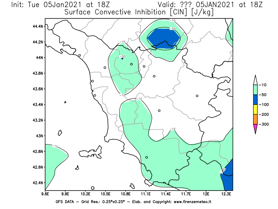Mappa di analisi GFS - CIN [J/kg] in Toscana
									del 05/01/2021 18 <!--googleoff: index-->UTC<!--googleon: index-->