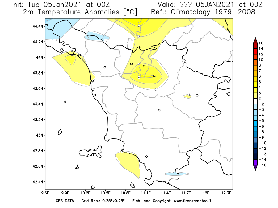 Mappa di analisi GFS - Anomalia Temperatura [°C] a 2 m in Toscana
									del 05/01/2021 00 <!--googleoff: index-->UTC<!--googleon: index-->
