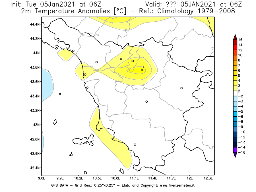 Mappa di analisi GFS - Anomalia Temperatura [°C] a 2 m in Toscana
									del 05/01/2021 06 <!--googleoff: index-->UTC<!--googleon: index-->