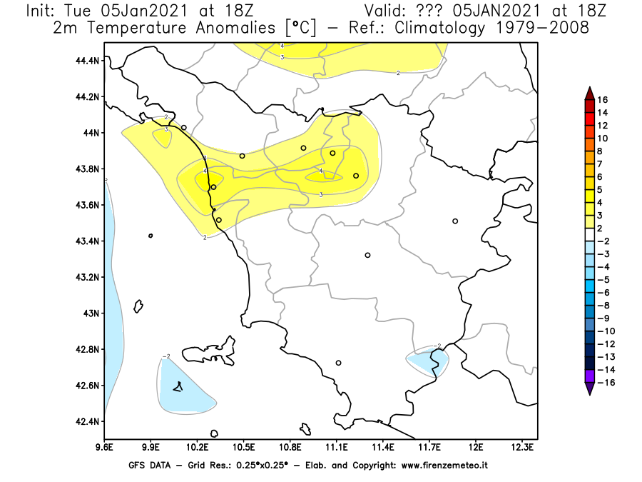 Mappa di analisi GFS - Anomalia Temperatura [°C] a 2 m in Toscana
									del 05/01/2021 18 <!--googleoff: index-->UTC<!--googleon: index-->