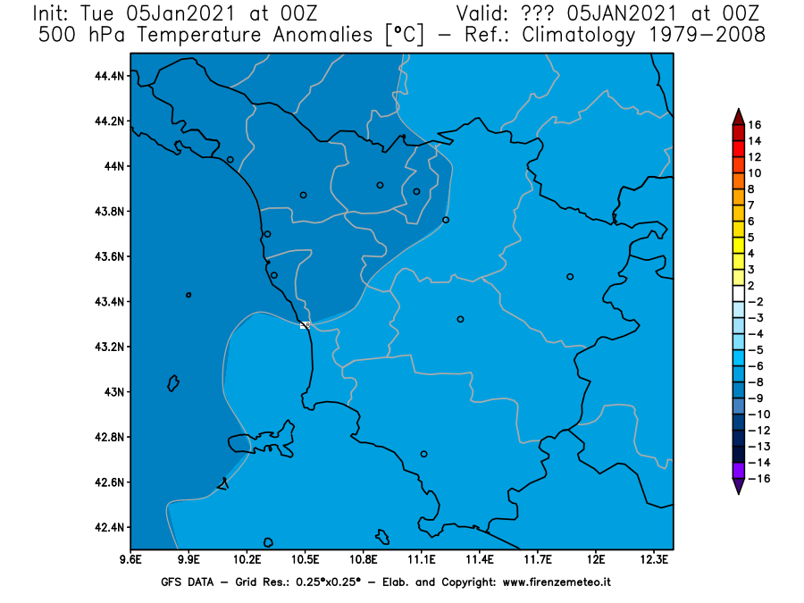 Mappa di analisi GFS - Anomalia Temperatura [°C] a 500 hPa in Toscana
									del 05/01/2021 00 <!--googleoff: index-->UTC<!--googleon: index-->