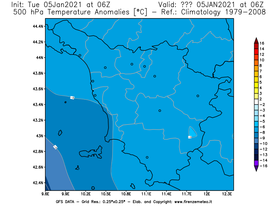 Mappa di analisi GFS - Anomalia Temperatura [°C] a 500 hPa in Toscana
									del 05/01/2021 06 <!--googleoff: index-->UTC<!--googleon: index-->