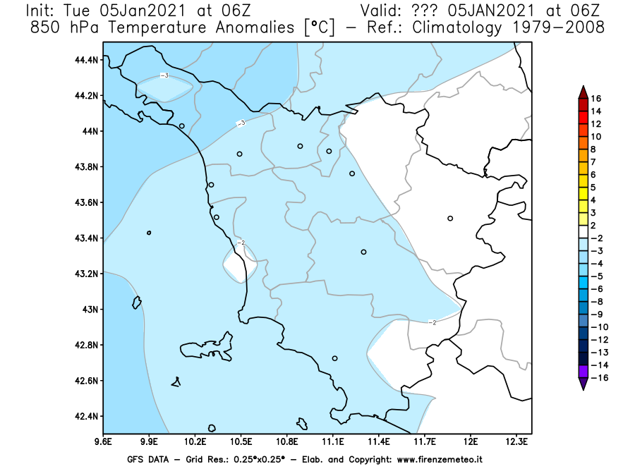 Mappa di analisi GFS - Anomalia Temperatura [°C] a 850 hPa in Toscana
									del 05/01/2021 06 <!--googleoff: index-->UTC<!--googleon: index-->