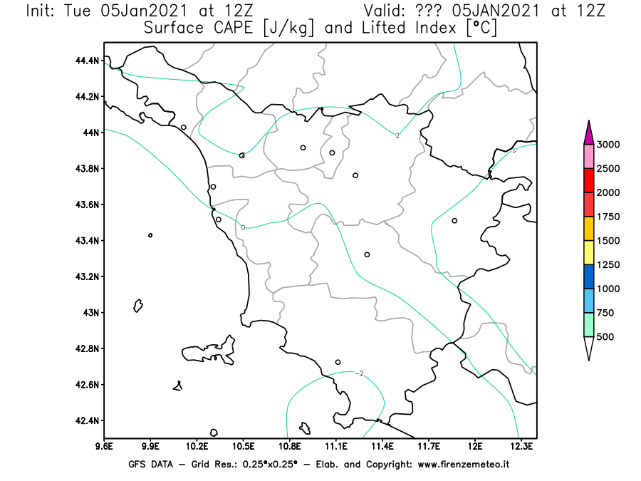 Mappa di analisi GFS - CAPE [J/kg] e Lifted Index [°C] in Toscana
									del 05/01/2021 12 <!--googleoff: index-->UTC<!--googleon: index-->