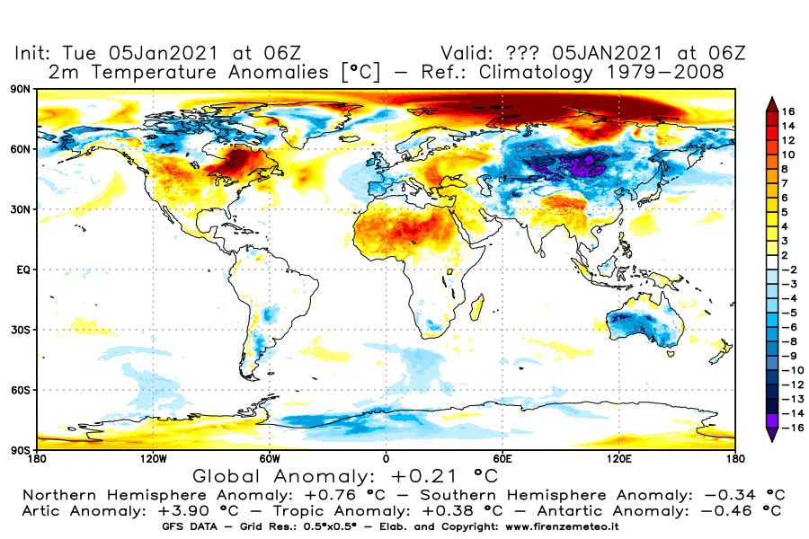 Mappa di analisi GFS - Anomalia Temperatura [°C] a 2 m in World
									del 05/01/2021 06 <!--googleoff: index-->UTC<!--googleon: index-->