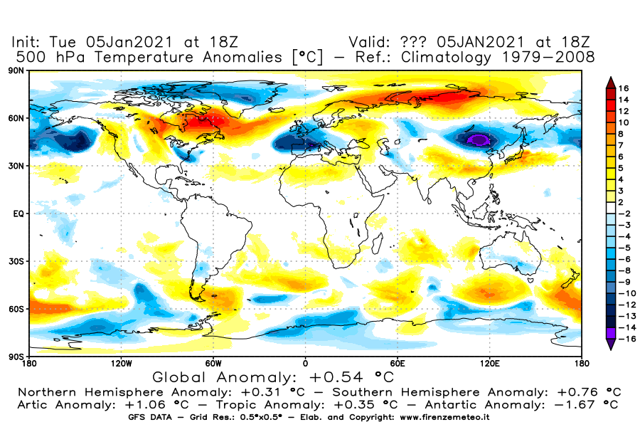 Mappa di analisi GFS - Anomalia Temperatura [°C] a 500 hPa in World
									del 05/01/2021 18 <!--googleoff: index-->UTC<!--googleon: index-->