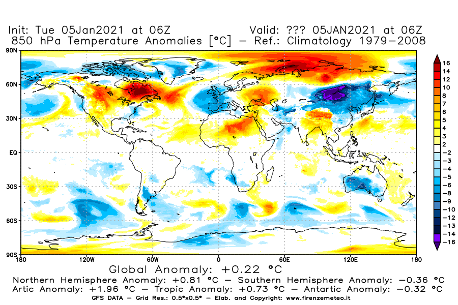 Mappa di analisi GFS - Anomalia Temperatura [°C] a 850 hPa in World
									del 05/01/2021 06 <!--googleoff: index-->UTC<!--googleon: index-->