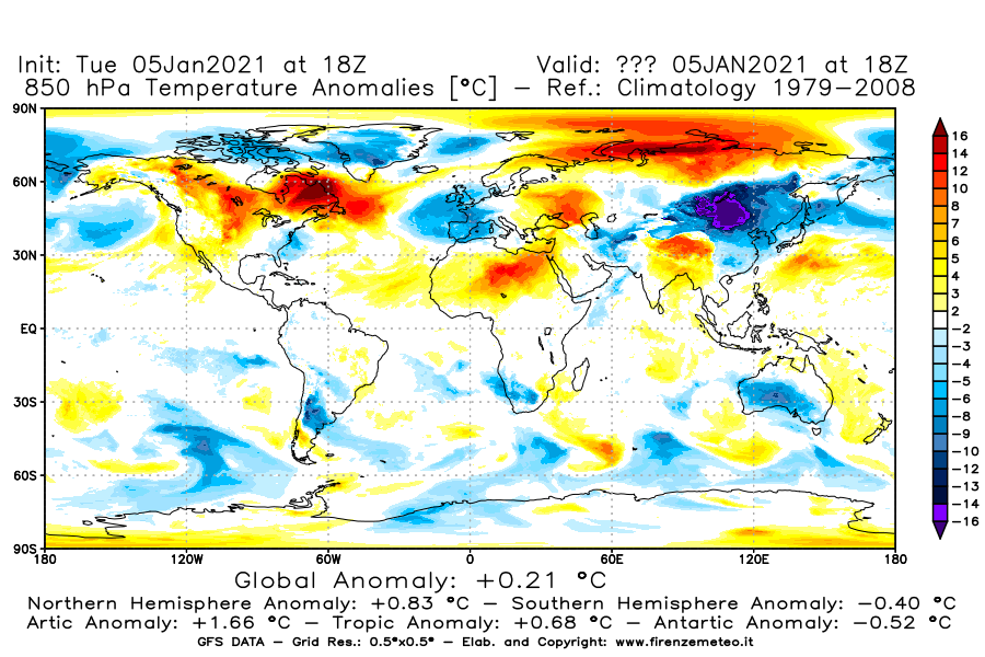Mappa di analisi GFS - Anomalia Temperatura [°C] a 850 hPa in World
									del 05/01/2021 18 <!--googleoff: index-->UTC<!--googleon: index-->