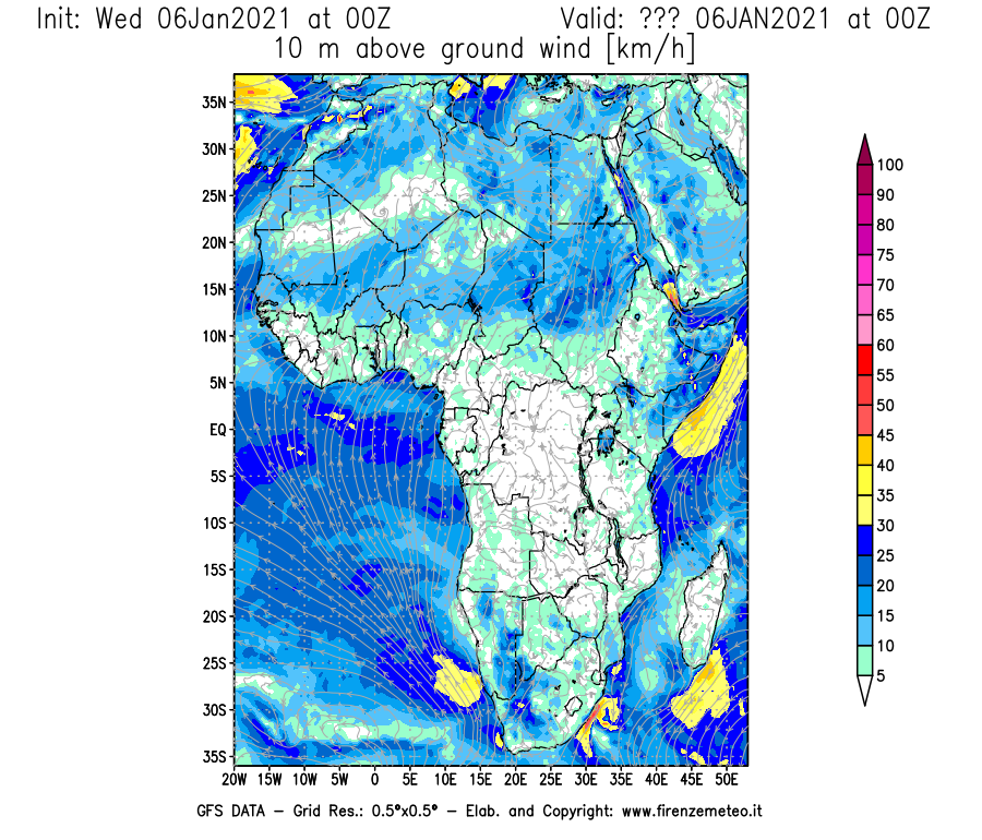 Mappa di analisi GFS - Velocità del vento a 10 metri dal suolo [km/h] in Africa
									del 06/01/2021 00 <!--googleoff: index-->UTC<!--googleon: index-->