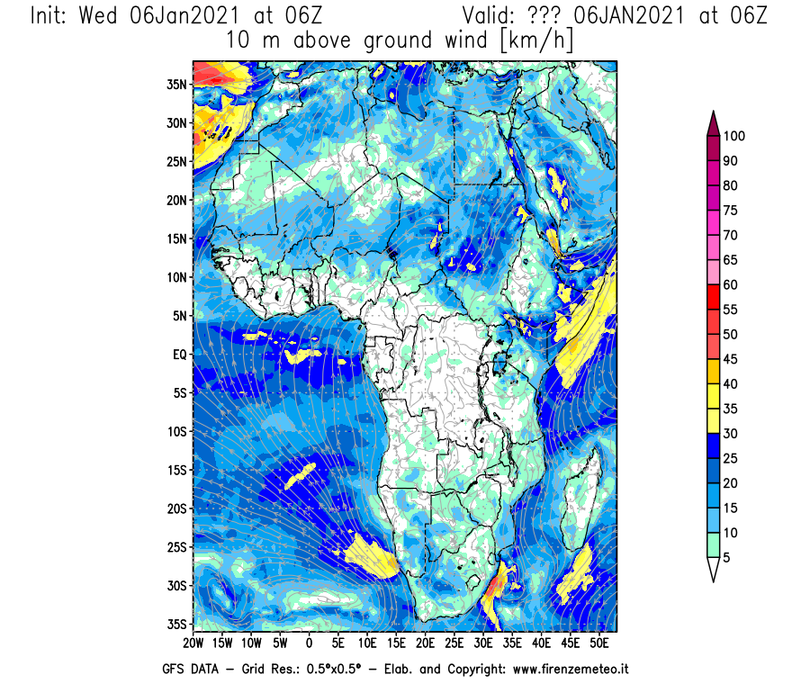 Mappa di analisi GFS - Velocità del vento a 10 metri dal suolo [km/h] in Africa
							del 06/01/2021 06 <!--googleoff: index-->UTC<!--googleon: index-->