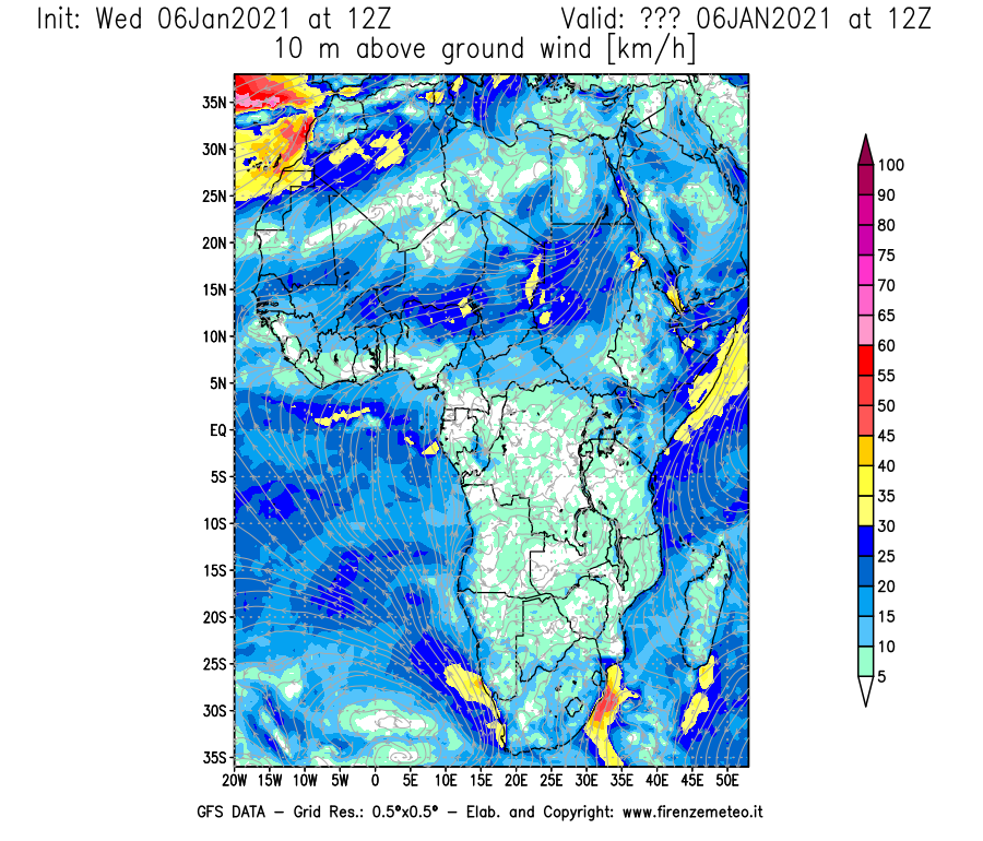Mappa di analisi GFS - Velocità del vento a 10 metri dal suolo [km/h] in Africa
									del 06/01/2021 12 <!--googleoff: index-->UTC<!--googleon: index-->